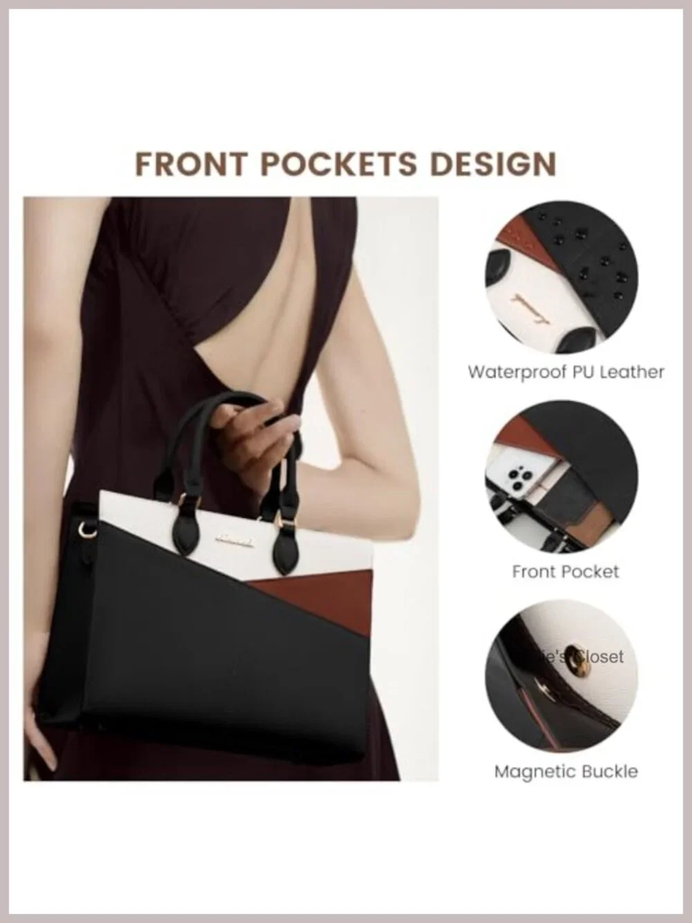 PU Leather Satchel Handbag with Adjustable Strap, Top Handle & Zipper, Women's